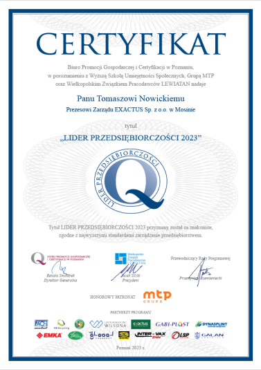 Certyfikat Lider Przedsiębiorczości 2023 dla Prezesa Exactus - Pana Tomasza Nowickiego