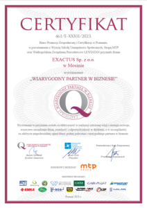 Certyfikat Wiarygodny Partner w Biznesie 2023 dla Exactus