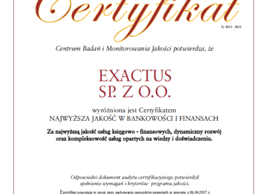 Certyfikat Najwyższa Jakość w Bankowości i Finansach