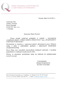 List gratulacyjny od Biura Promocji i Certyfikacji