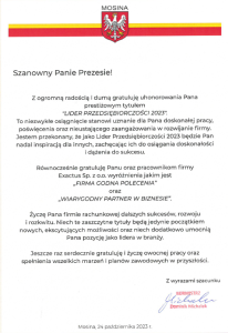 List gratulacyjny od Burmistrza Mosiny