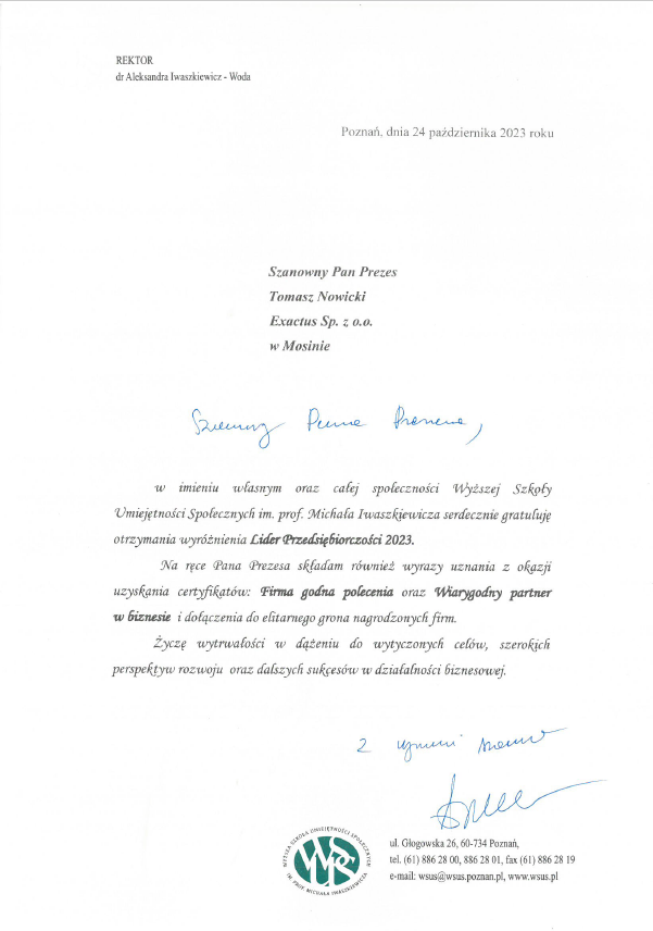 List gratulacyjny od Rektora WSUS