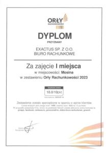 Dyplom Orły rachunkowości 2023 dla Exactus nr I w Mosinie